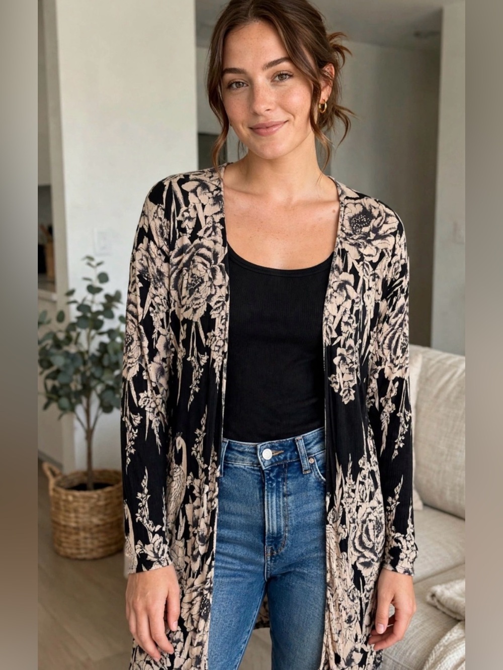 Billabong Black Floral Kimono Cardigan – Open Front Long Sleeve Boho Duster Med